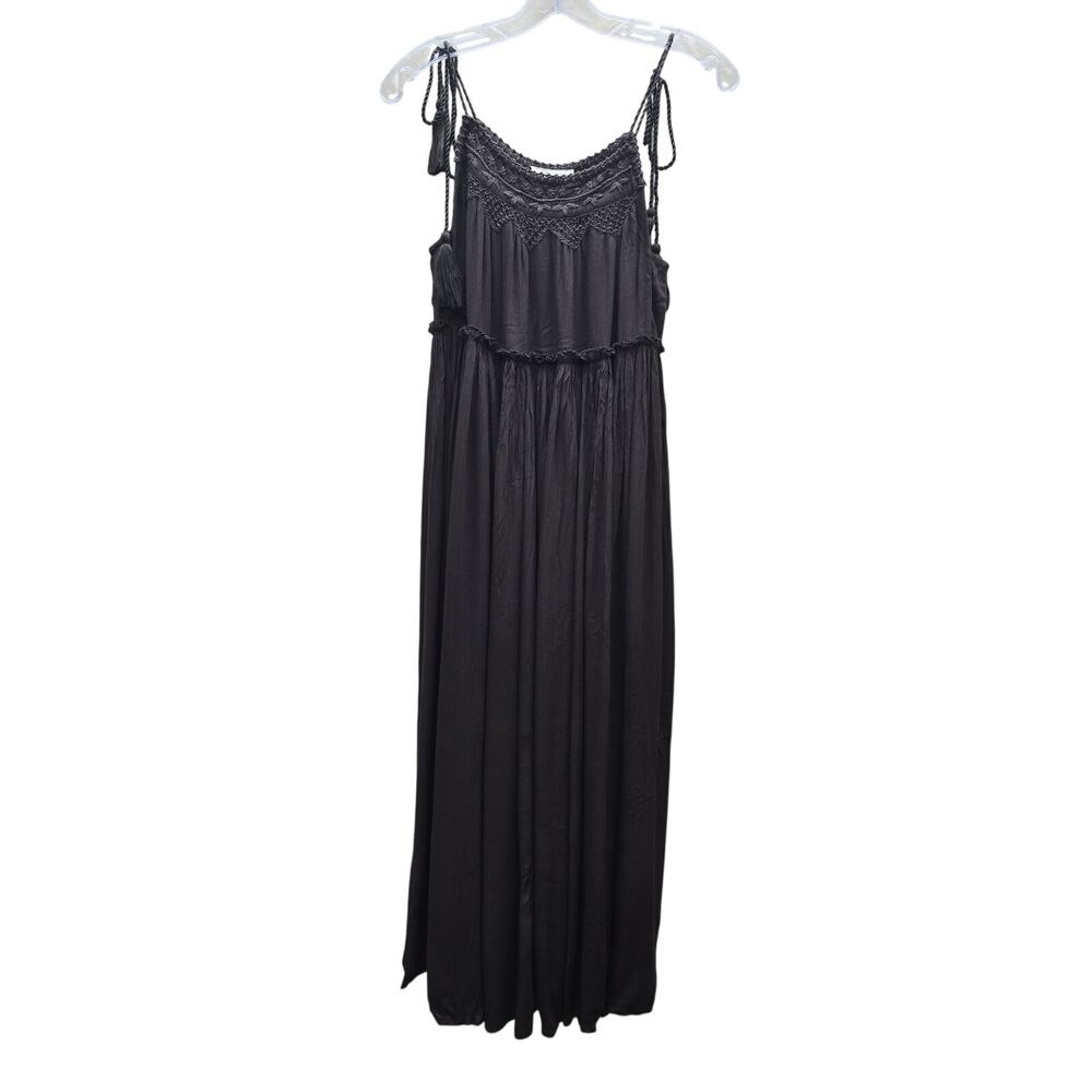 Talisman Raja Gauzy Crochet Embroidered Ruffled Tiered Midi Dress Brown SZ Small